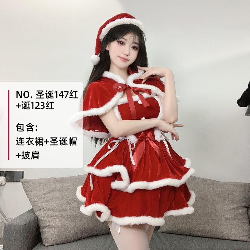 Nový vánoční kostým Červené Karkulky Roztomilý vánoční set Novoroční sladké šaty na kšandy
