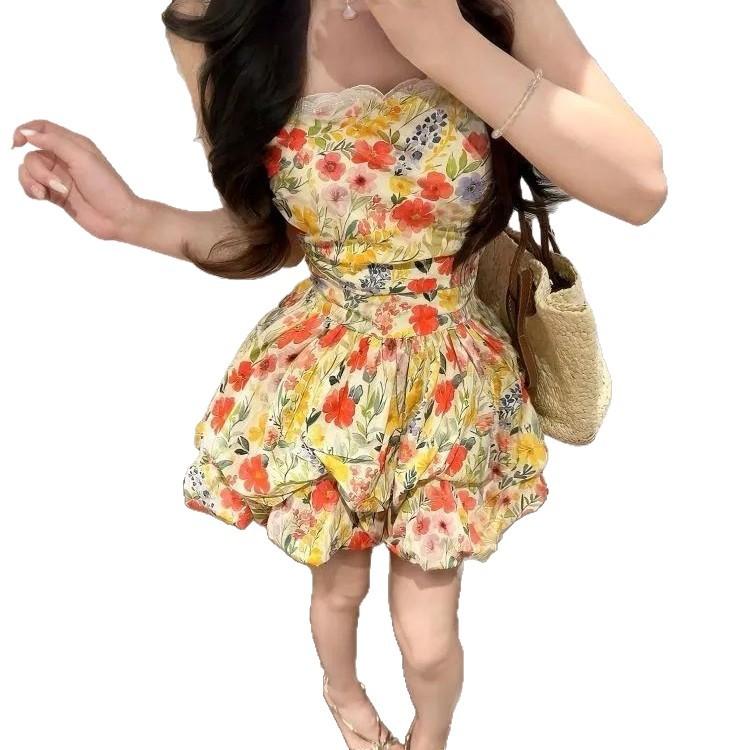 Sexy Spice Girl Wind Suspender Dress Women's Summer New Casual Vacation Wind Backless Beautiful Floral Pleated Dress