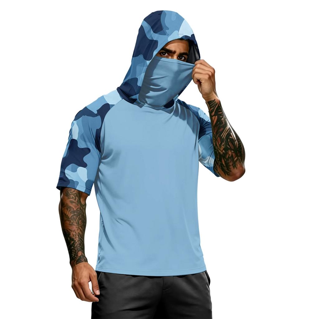Camiseta con Capucha de Manga Corta para Hombre Casual Estampado de Camuflaje Manga Raglán Pulóver Top Ligero para Deportes al Aire Libre