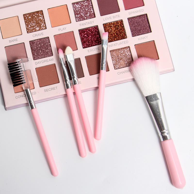 Set de pensule de machiaj din 5 piese: Pensule roz pentru fard de pleoape, blush, buze și sprâncene cu pieptene pentru sprâncene cu dublă utilizare