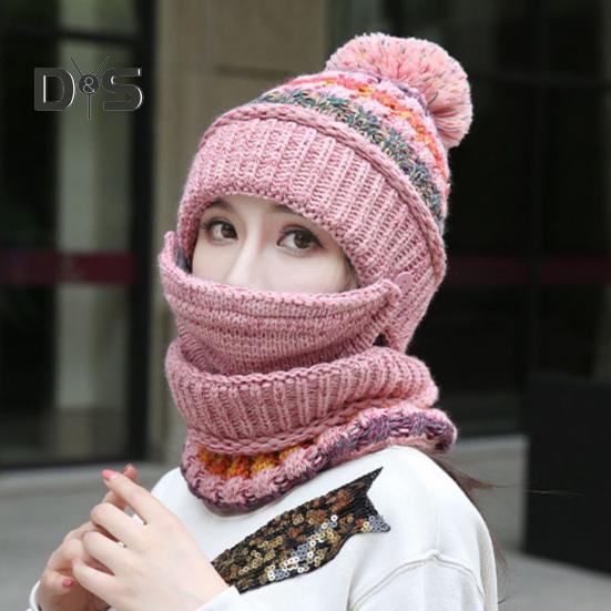 3Pcs/Set Knitting Hat Scarf Set Thickened Plush Lining Furry Ball Decor Beanie Hat Neck Warmer Detachable Face Guard Set