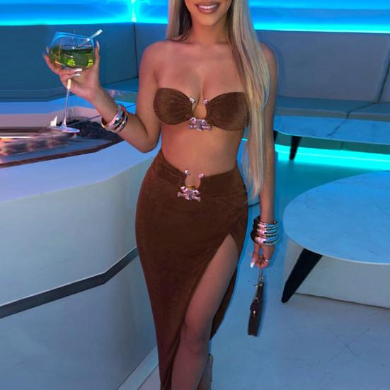 1 Set Skirt Suit Backless High Slit Solid Pleated Asymmetrical Split Thigh Maxi Dress for Daily Life