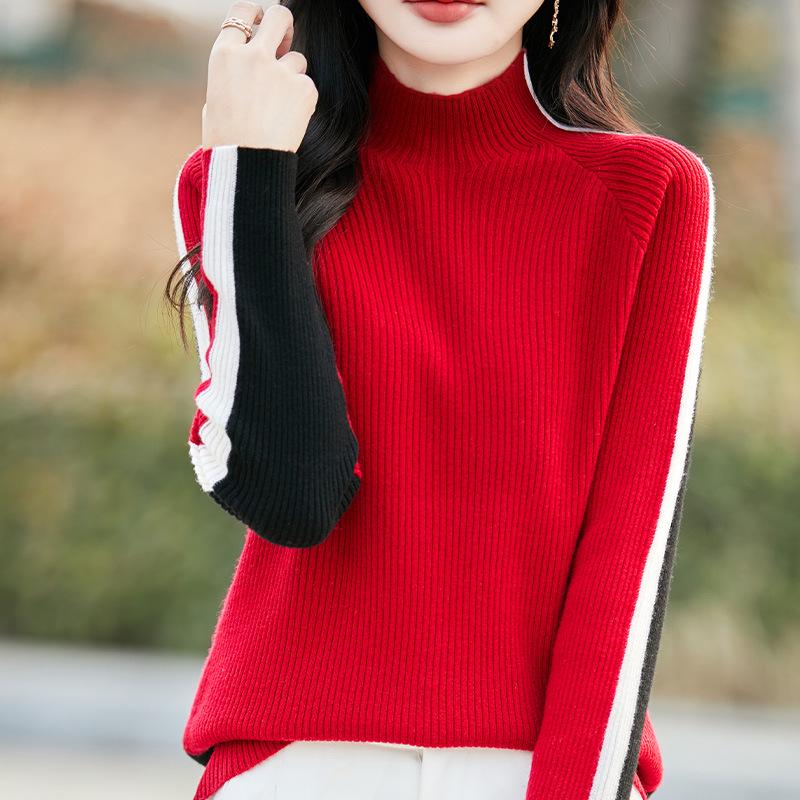 French Color-Block Ribbed Wool Knit Top - Women's New Autumn/Winter Long-Sleeved Half-High Neck