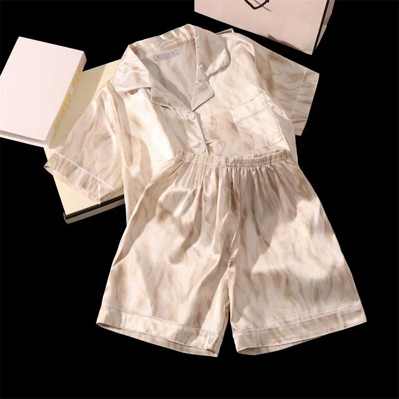 2 Pezzi Stampa Indumenti da Notte Raso di Seta Sintetica Pigiami Moda Casual Pigiama Donna Set Pigiama con Pantaloncini Abiti Pittura a Inchiostro