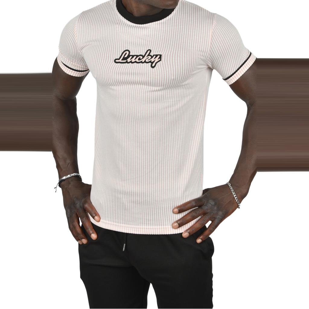 DeepSEA Slim Fit Lycra Striped Collar and Striped Sleeves Lucky Text T-Shirt 2403201