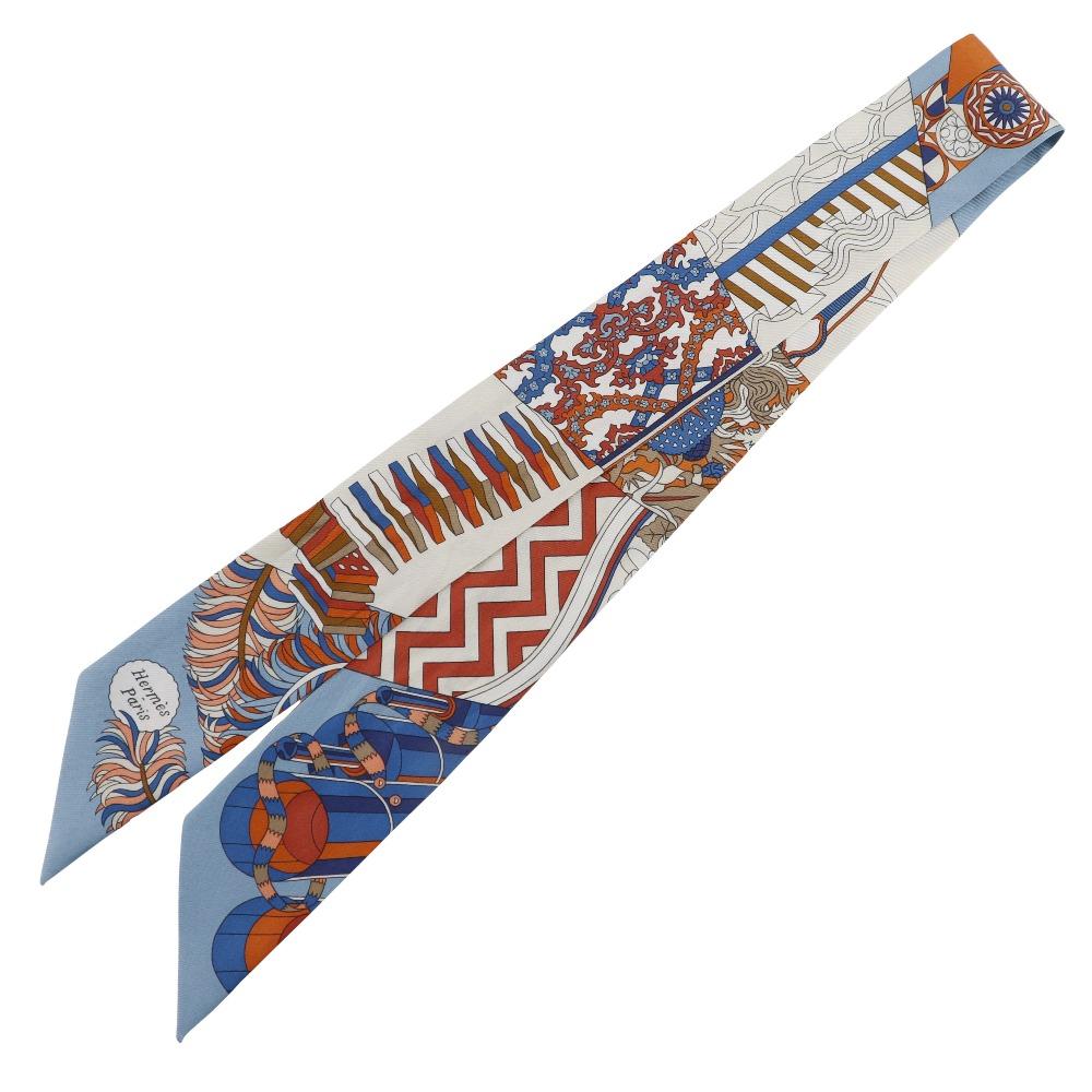 HERMES Twilly scarf Duel with a walking stick and umbrella De l'Ombrelle aux Duels Light blue / orange silk Women Used