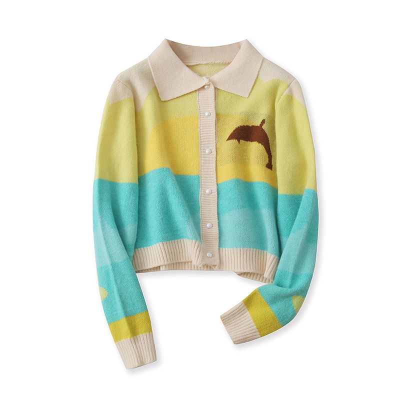 Cardigan Sweater Fall and Winter New Foreign Trade Women's Clothing Lapel Single Breasted Long Sleeves Contrast Color Jacquard Pattern Sweater 26130