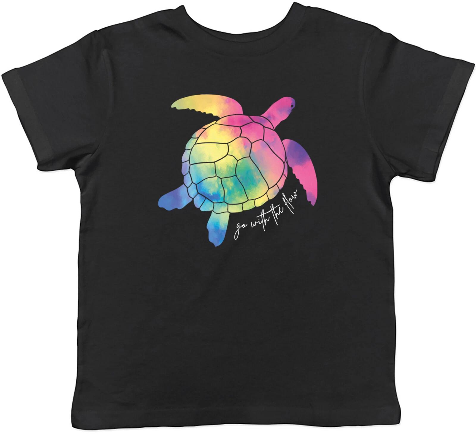 Turtle Rainbow Kids T-Shirt Go with the Flow Watercolour Childrens Boys Girls 130