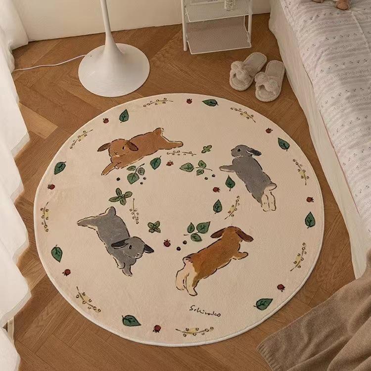 Mori Style Round Rabbit Rug: Cute French Coffee Table, Bedroom, or Study Floor Mat