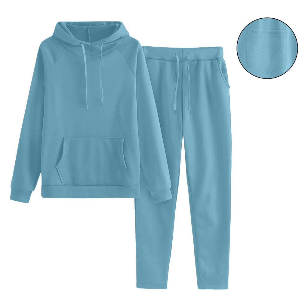 Women's Hooded Long Sleeve Loose Fit Solid Color Two Piece Set Long Pants Casual