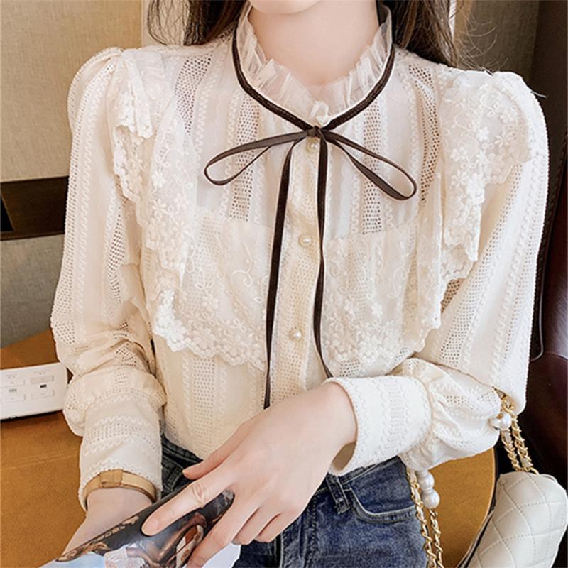 Autumn Winter Womens Tops and Blouses 2022 Cotton Blouse Button Solid Stand Collar Ladies Lace Tops Women Shirts Blusas Feminine