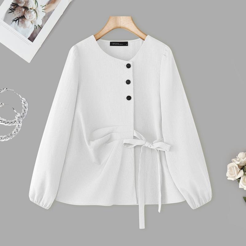 ZANZEA Dámská ležérní jednobarevná halenka s kulatým výstřihem s dlouhým rukávem