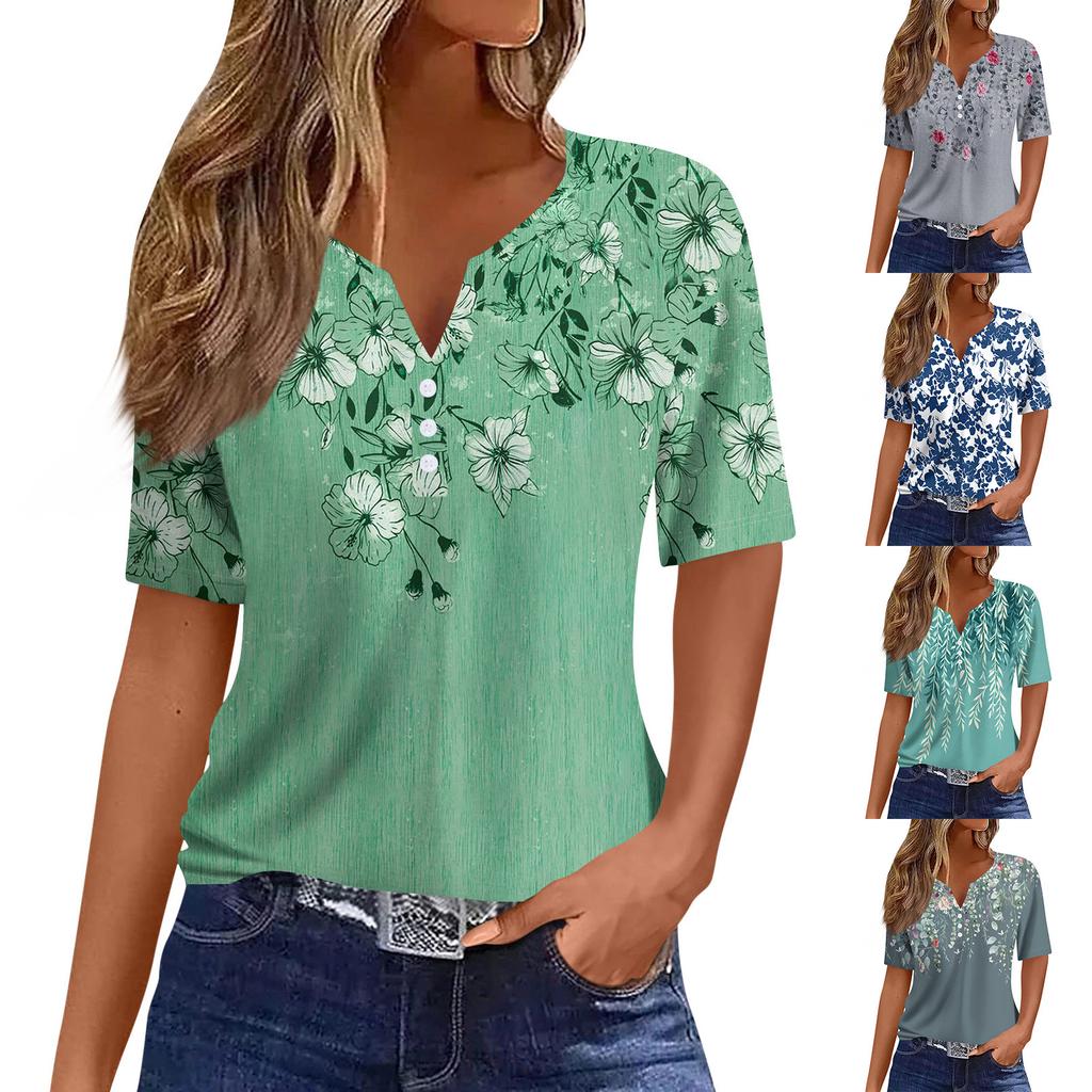 Women's T Shirt Tee Print Button Short Sleeve Daily Weekend Fashion Basic V- Neck Regular Top