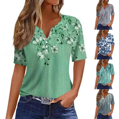 Women's T Shirt Tee Print Button Short Sleeve Daily Weekend Fashion Basic V- Neck Regular Top