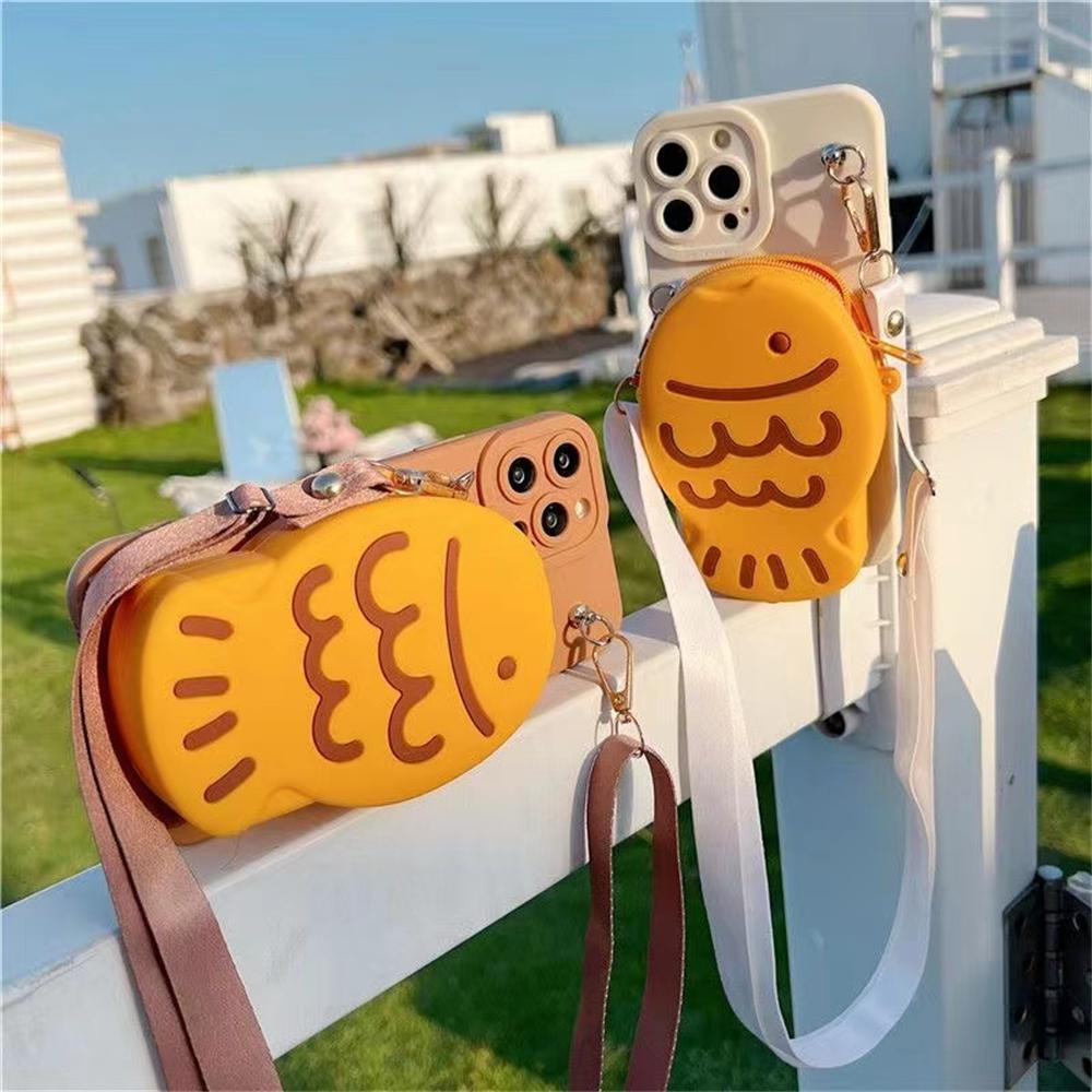 Cute 3D Snapper Wallet Lipstick Bag Crossbody Neck Rope Silicon case for 16Pro Max 11 12 13 14 15 Xr 8Plus cartoon cover