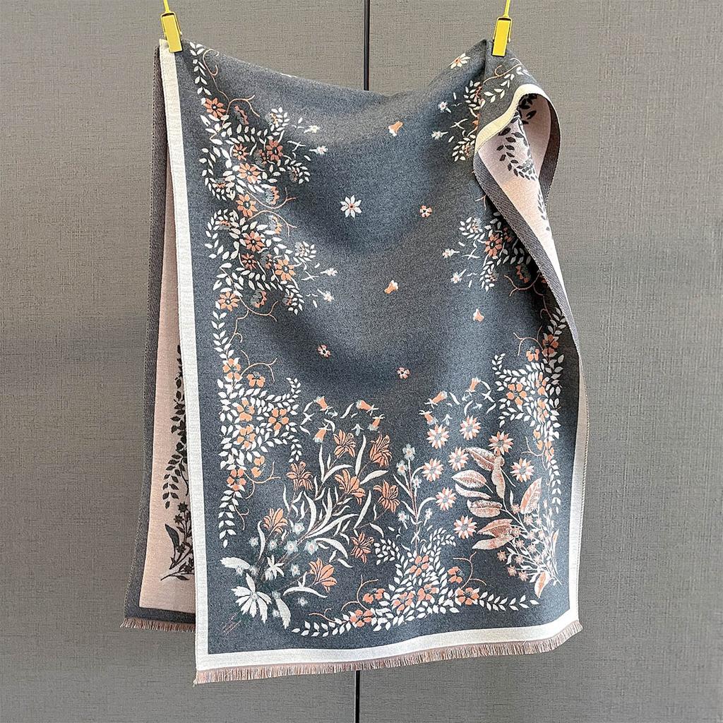 65*185cm Thickened Warm Scarf For Women Luxury Floral Long Tassel Pashmina Shawl Faux Cashmere Warps Autumn Winter Blanket