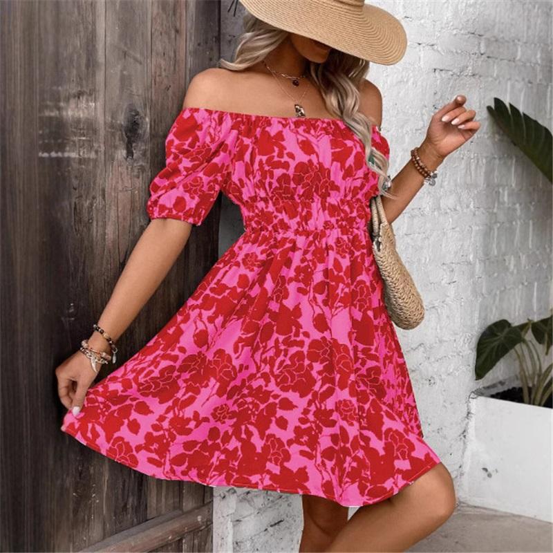 

Летнее женское платье Новое принтованное повседневное платье с открытыми плечами Юбка с короткими рукавами Свободная цветочная юбка XXXL красный