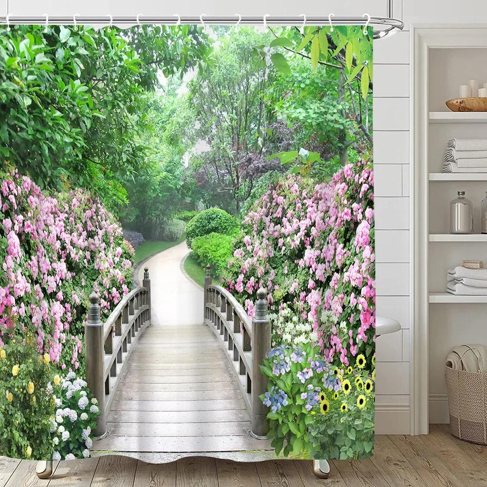 Greek Town Street View Shower Curtain Blue Wooden Doors Windows Flower Plant Wall Decor Bathroom Hanging Curtains Set With Hooks