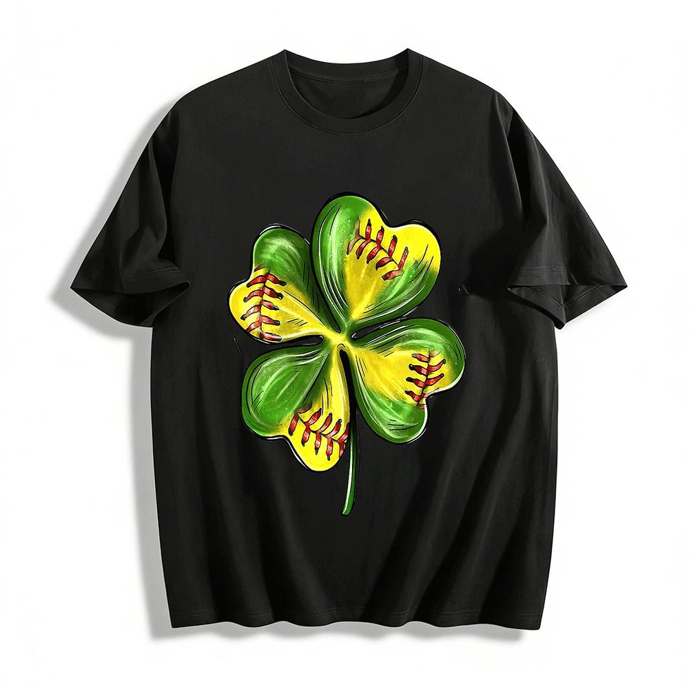 

St. Patrick s Day Softball Four-Leaf Clover Print Casual Top Pure cotton T-shirt 6XL