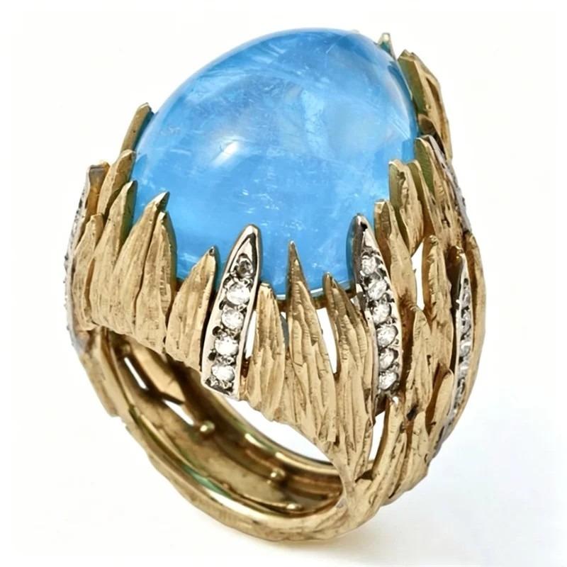 Vintage Inlaid Blue Sotne CZ Women's Ring Geometry Gold Color Hand Carving Daily Wear Party Jewelry Anniversary Gift