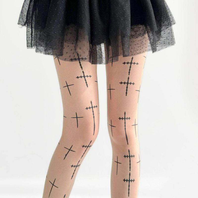 Neue Schwarze Strumpfhosen mit Gothic-Kreuz-Print für Mädchen Modische Leggings Strumpf Socke Damen Herbst Frühling Tägliche Kleidung Dunkle Strumpfhose