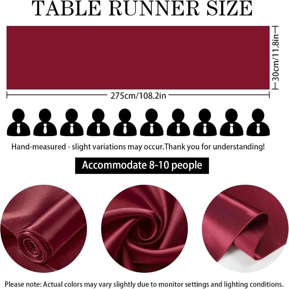 2 Pack Table Runner 12 X 108 Inch Burgundy Long Satin Silk Table Runner for Wedding Banquet Christmas Birthday Party Decoration