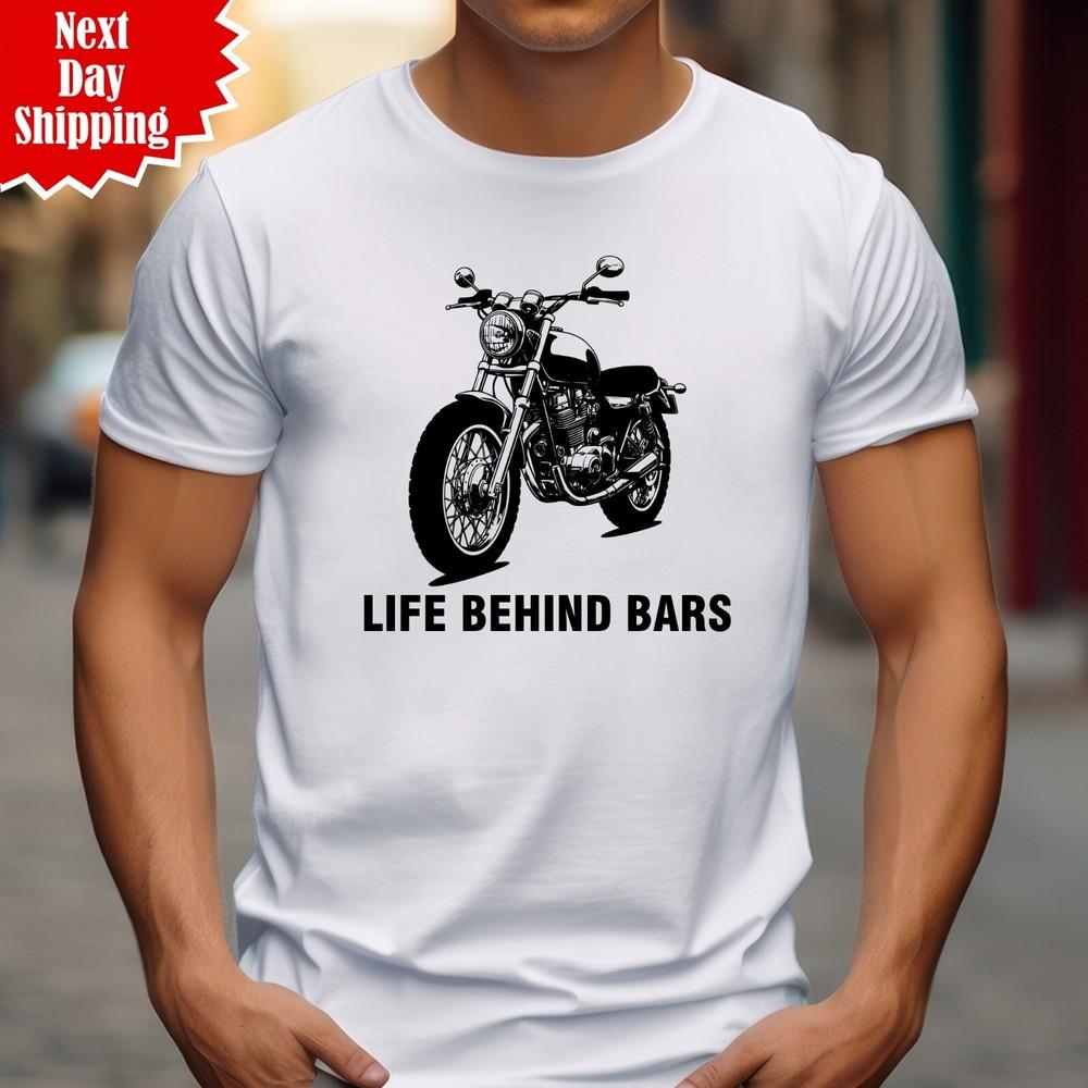 

Biker T Shirt Life Behind Bars Printed Triumph Chopper Cafe Racer Men Funny Top S