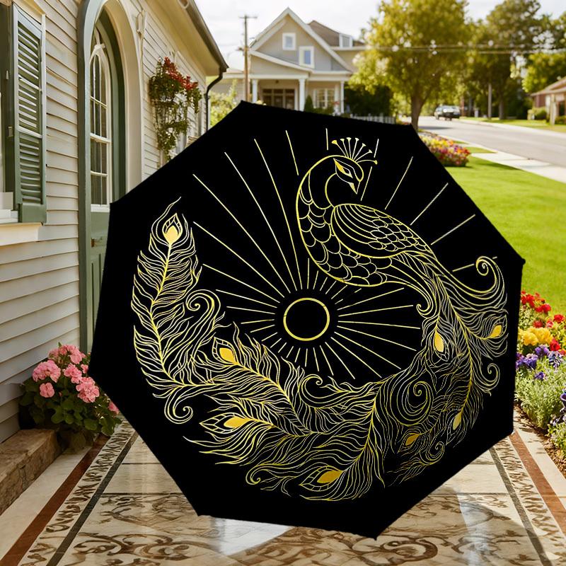 1pc Peacock Feather Automatic Folding Umbrella 8 Rib Iron Frame,  Suitable for Travel, Daily Use, Birthday, Women & Men Gift C1231048
