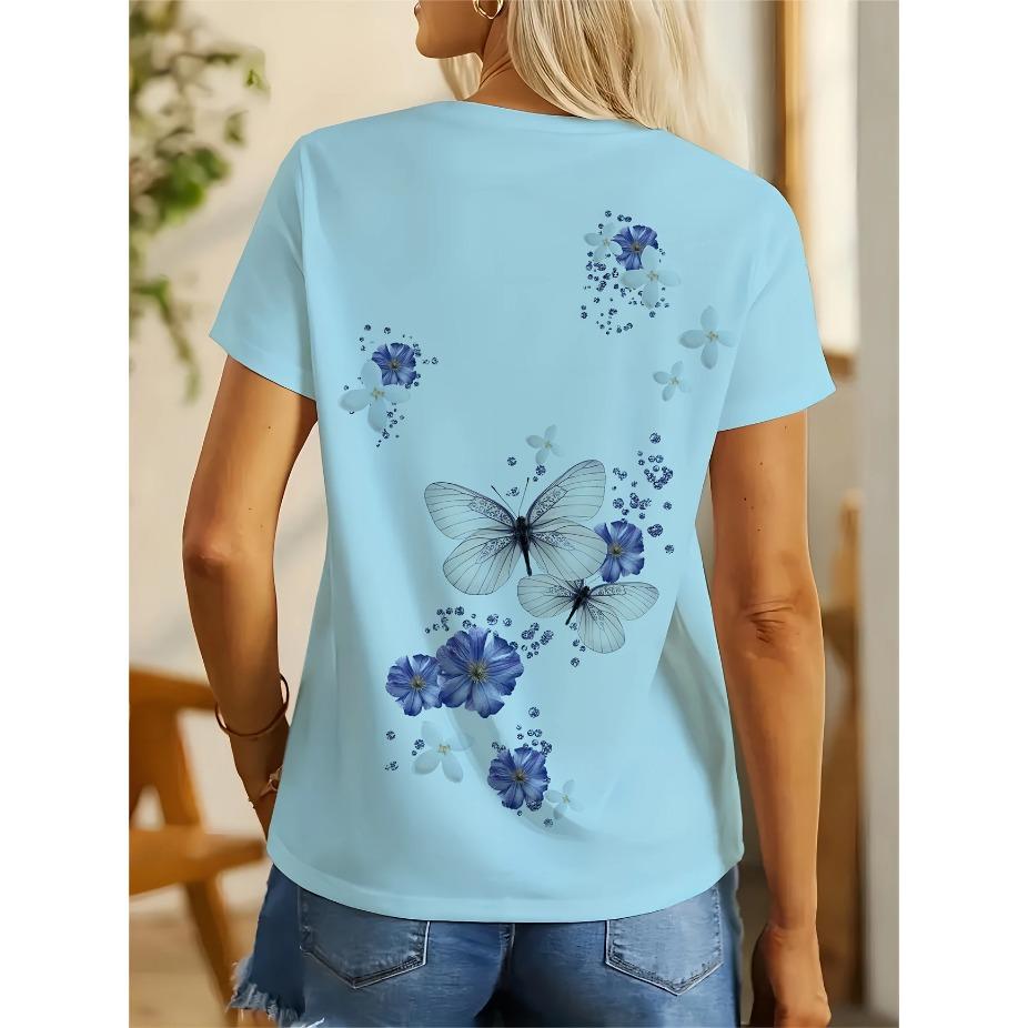 Women's 3D Printed Butterfly & Floral Casual T-Shirt - Vibrant Purple/White/Black/Blue/Grey, Breathable Machine-Washable Fabric, All-Season Comfort