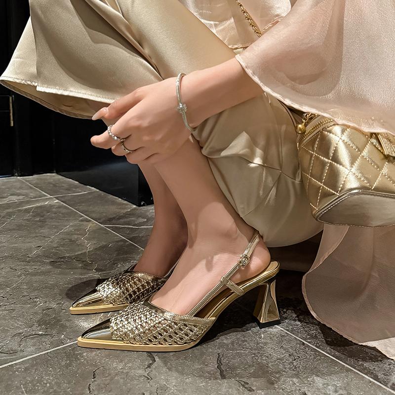 Women High Heels Sandals Mesh Pointed Toe Heeled Shoes Designer New 2025 Summer Party Slippers Weave Woman Chunky Pumps