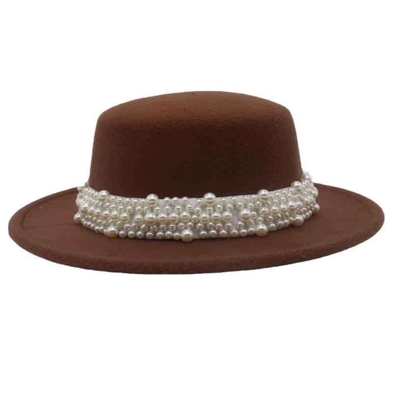 French Retro Woolen Top Hat Women'S Flat Top Pearl Felt Hat Wide Brim Sunshade Sunscreen Hat