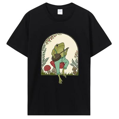 Süße Cottagecore T-Shirts Ästhetischer Frosch spielt Banjo auf Pilz T-Shirt Unisex Baumwolle Grafik T-Shirt Unisex Kleidung Oversized