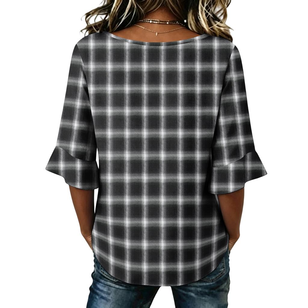 Camisas de Manga Larga para Mujer Casual a Cuadros Cuello en V Tops de Manga Larga para Mujer con Botón Tops de Manga Larga para Mujer