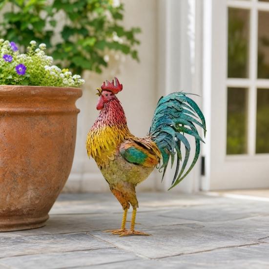 Metal Rooster Statues Waterproof Chicken Sculpture Metal Garden Deco Outdoor Yard Ornament
