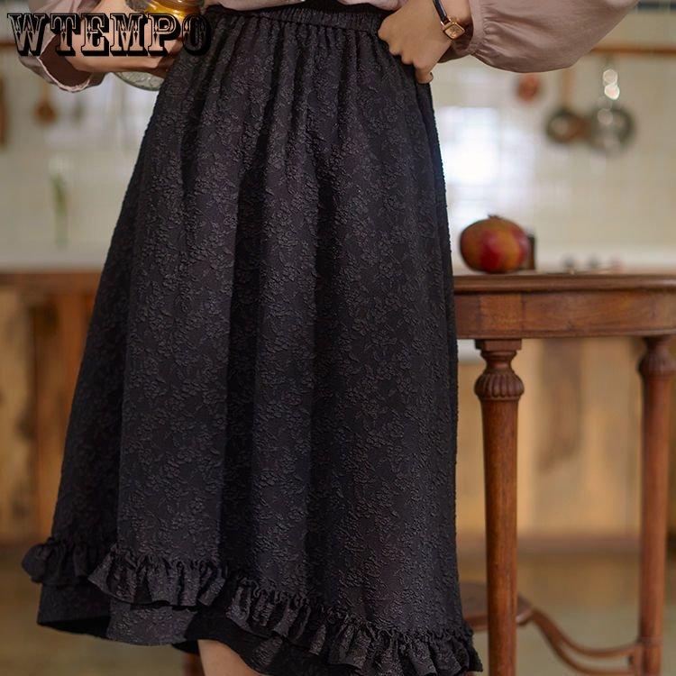 Black Skirt Women's Lace Jacquard Skirt Women's Summer Retro High Waist Mid-length Skirt Lolita Style