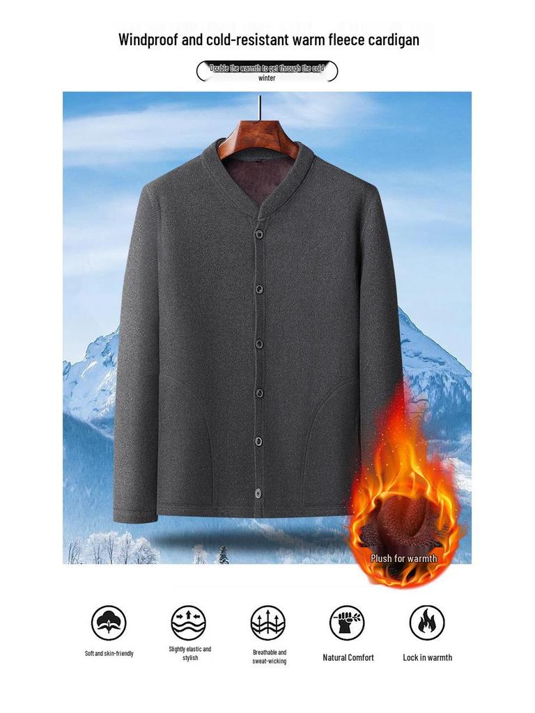 Men's Winter Plus Velvet Cardigan Jacket for Middle-Aged & Elderly - Warm Inner Cotton Layer for Dads