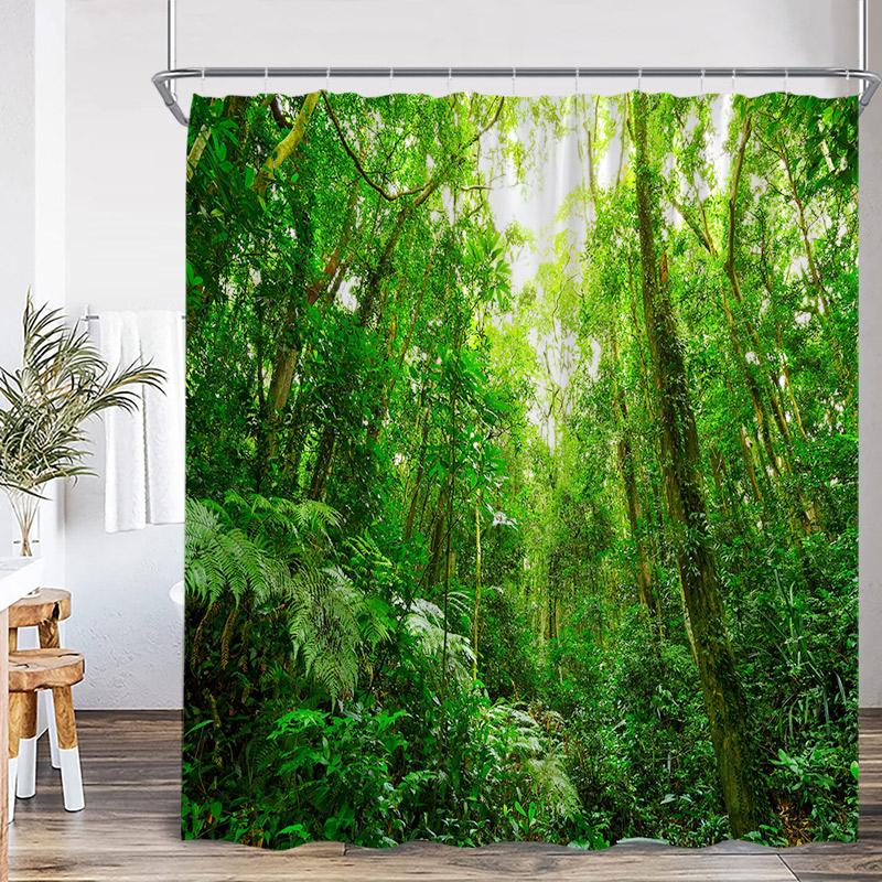 Nature Waterfall Landscape Shower Curtains Forest Lake Crane Lotus Flowers Chinese Style Scenery Home Bathroom Curtain Decor Set