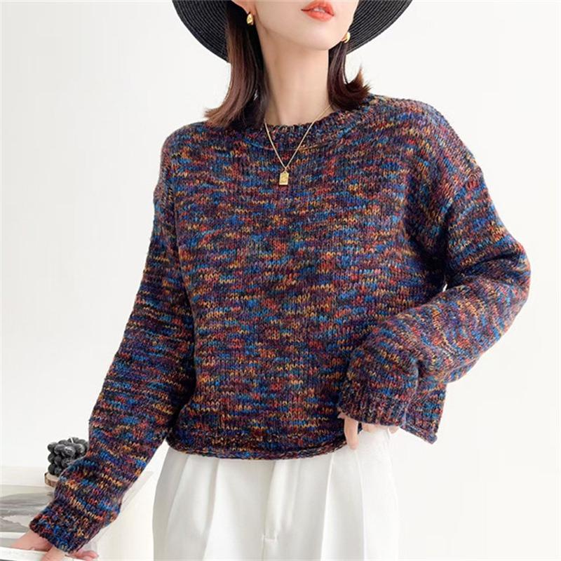 Retro autumn and winter crew neck pullover sweater women's casual variegated top splicing soft waxy short versatile knitted sweater top