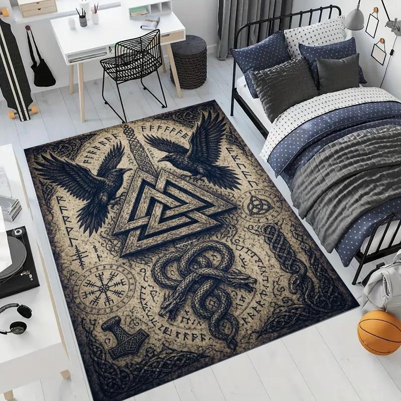 Vintage Viking Rune Raven Valknut Symbol Print Rug, Non Slip Floor Mat for Living Room Bedroom Home Decor