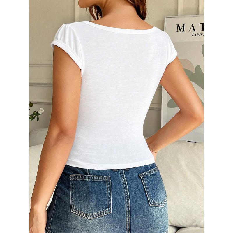 2026 Summer Sexy V-neck T-shirt Slim Fit Short Solid Color Short Sleeve Top Women's Clothing