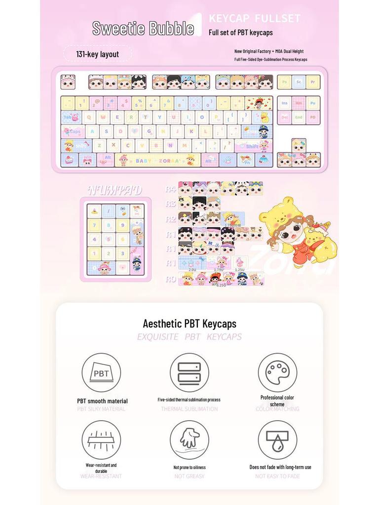 Sweetheart Bubble Cute Girl Keycaps, PBT Dye-Sublimation, MOA Profile, Compatible with Keychron, Razer, Logitech