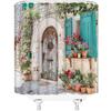 Italian European Shower Curtain Tuscany Architecture Greece City Town Scene Vintage Spring Floral Italy Mediterranean Green Plant Bathroom Curtain