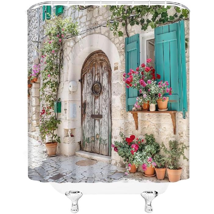 Italian European Shower Curtain Tuscany Architecture Greece City Town Scene Vintage Spring Floral Italy Mediterranean Green Plant Bathroom Curtain