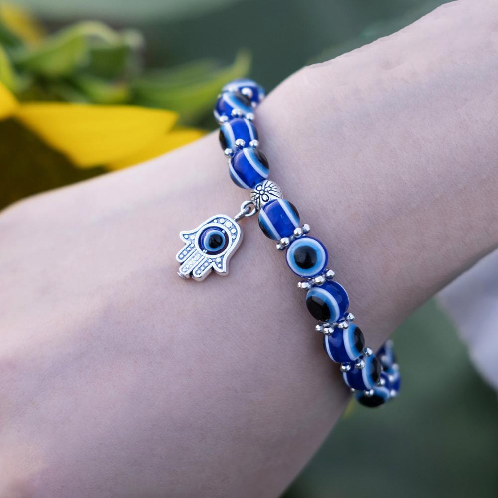 Turkish Lucky Evil Eye Bracelets for Men Women Blue Evil Eye Palm Butterfly Pendant Beads Bracelet Bangle Handmade Charm Jewelry