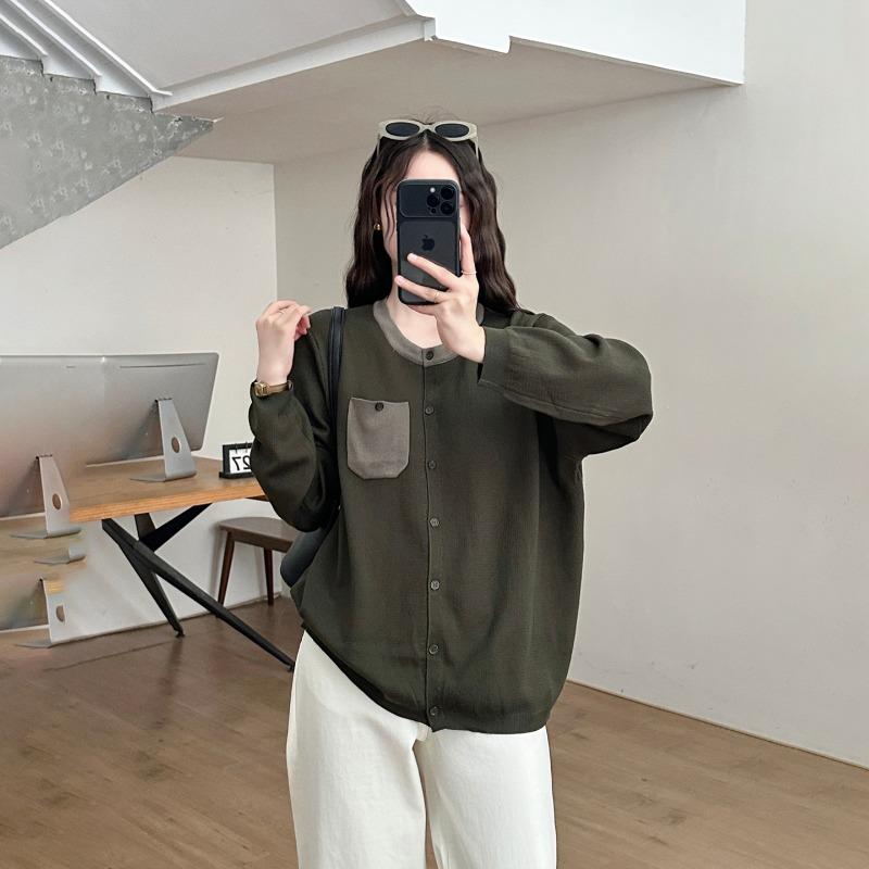 Plus Size Knit Cardigan Sweater Round Neck Color Block Pocket Loose Fit