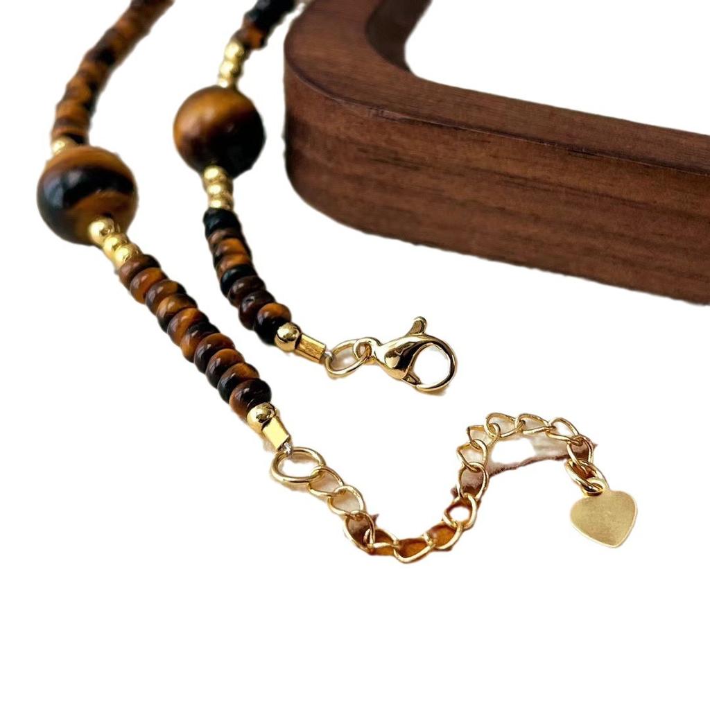 Vintage Natural Tiger'S Eye Stone Round Beads Maillard Niche Personality Design Sense Collarbone Chain High Sense Necklace
