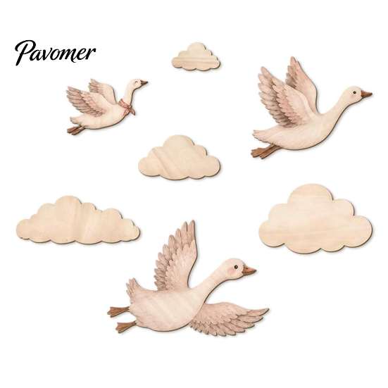 Eco Friendly Wood Wall Ornaments 7Pcs/Set Wooden Flying Goose and Cloud Art Decor for Nursery, Self-Adhesive Bohemian Style Decorations Decoration