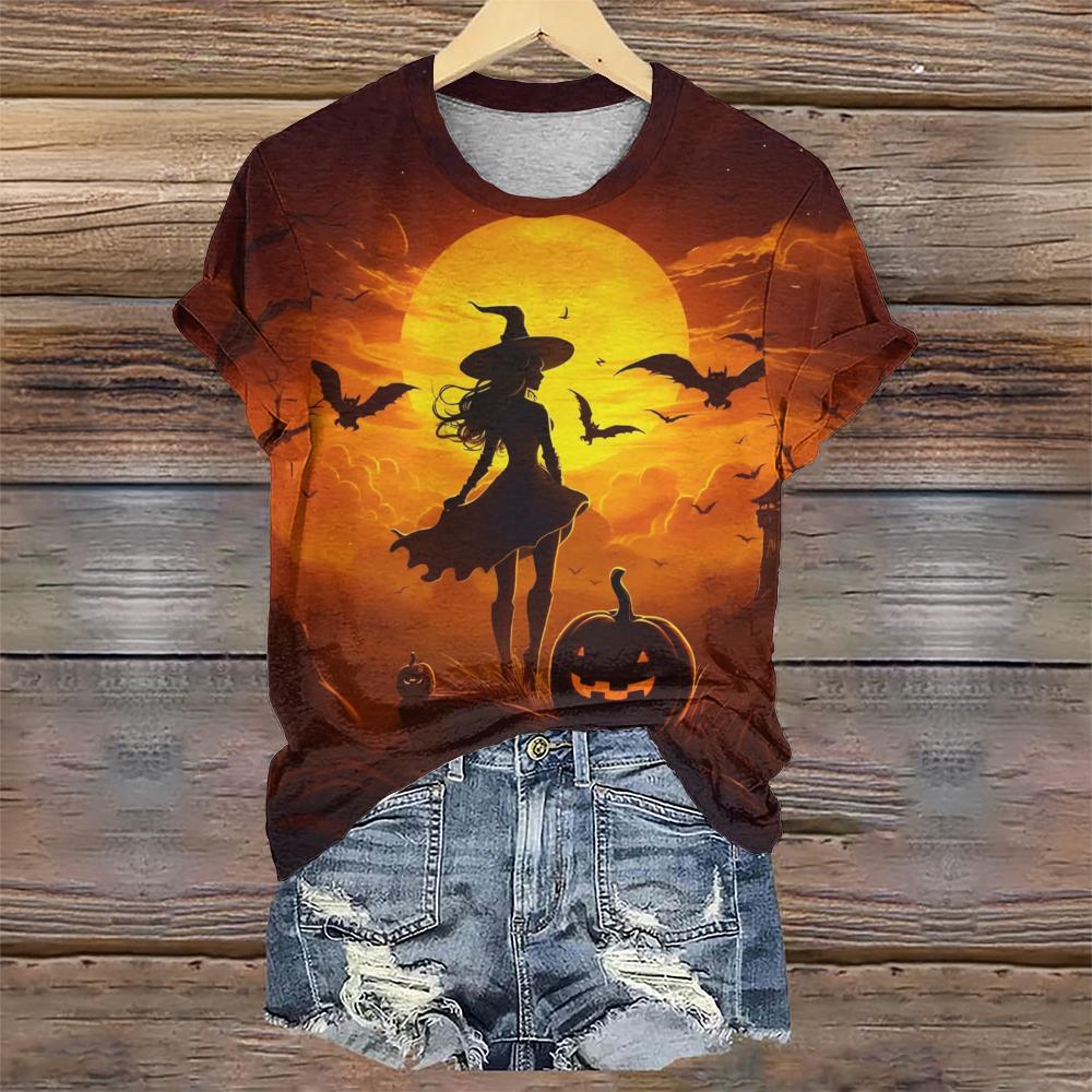 Halloween Designer Kurzarm T-Shirt Hexendruck Sommer Neue O-Ausschnitt Damen T-Shirts Mode Lose Damen Kleidung Tops