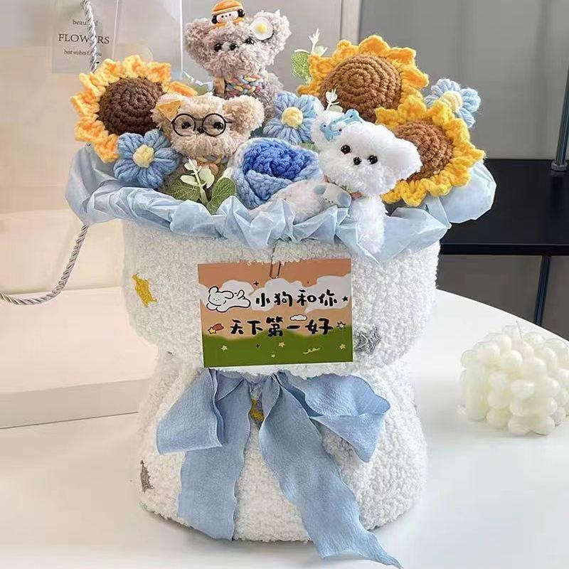 Finished Crocheted Flower Bouquet with Puppy Dog Doll Artifiacal Rose Flower  Knitting Sunflowers Valentine's Day New Year Gifts