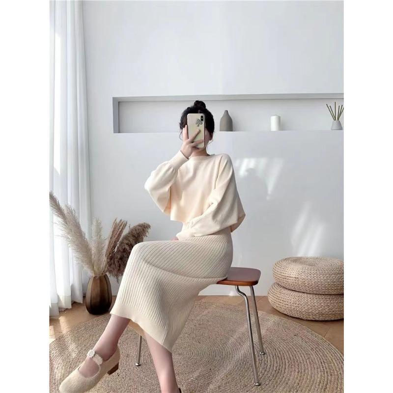 Fashion Short Loose Round Neck Sweater Fall and Winter Two-piece Set of Female Elastic Tight Undershirt Dress In Long Dresses